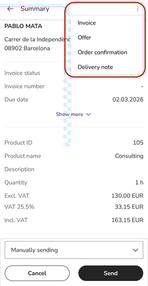 EN Easor App mobile - Sales invoicing - New invoice - Three dot menu - Load invoice