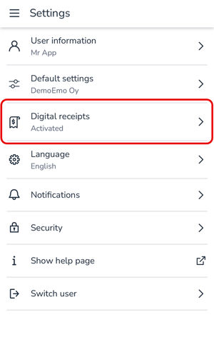 EN Easor App mobile - Settings - Digital receipts