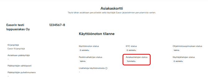 FI Asiakaskortti - Käyttöönoton tilanne - Asiakastietojen status