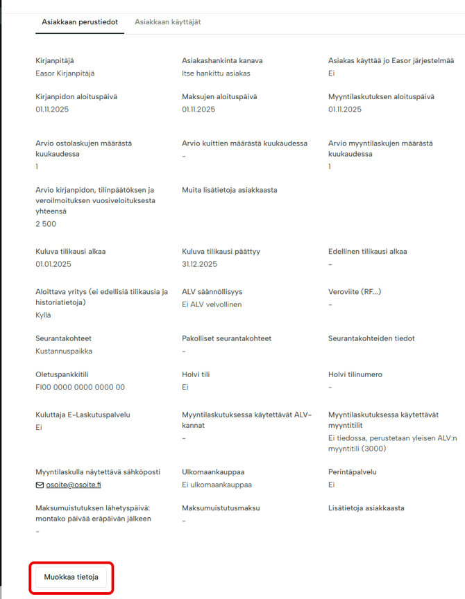 Asiakaskortti, jossa Muokkaa tietoja -nappi korostettuna