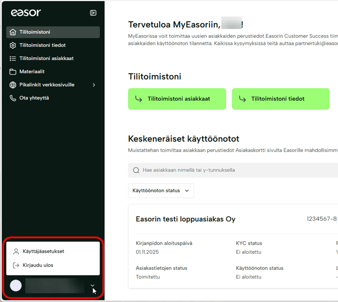MyEasor etusivu, jossa linkki käyttäjäasetuksiin korostettuna