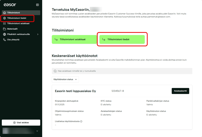 MyEasor-sovelluksen etusivu
