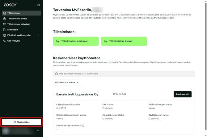 MyEasor-sovelluksen etusivu, jossa korostettuna Uusi asiakas -nappi