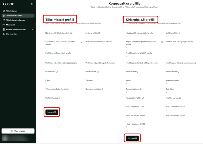 MyEasor-sovelluksen Tilitoimistoni tiedot -sivu, jossa näkyvissä Kauppapaikkaprofiilit