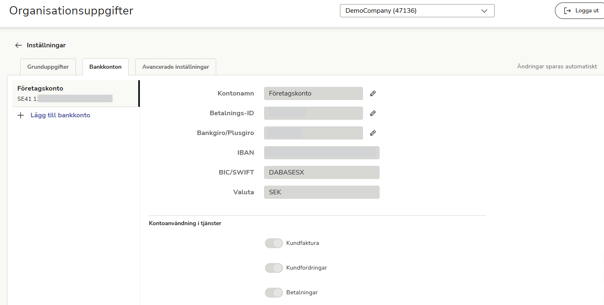 SV-SE-Easor App-Inställningar-Organisationsuppgifter-Bankkonton