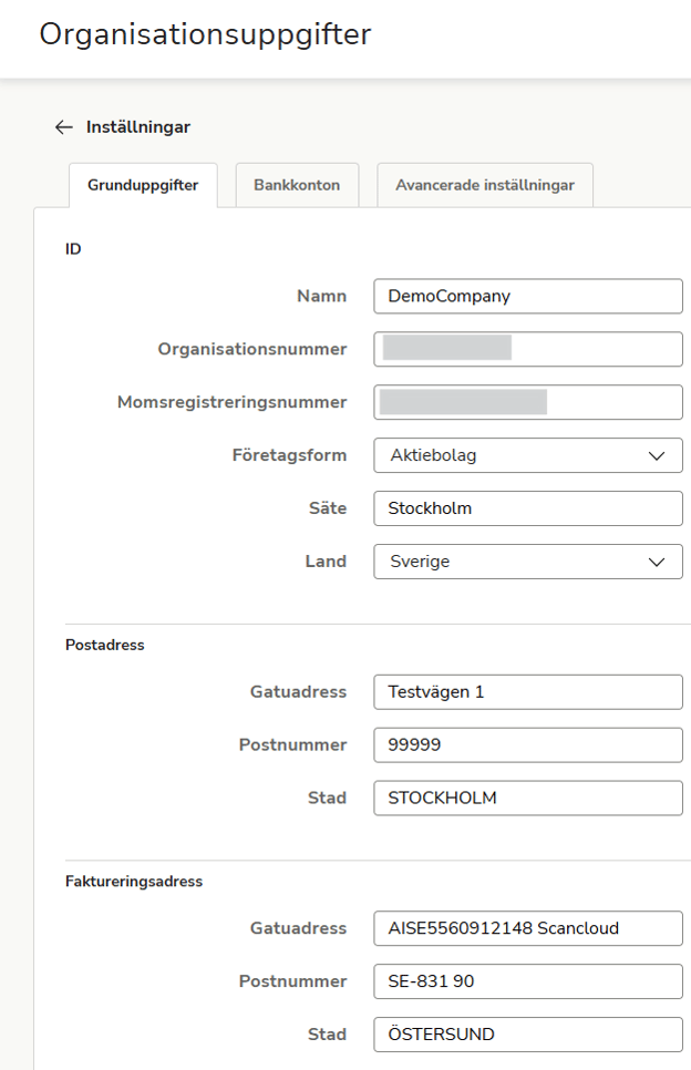 SV-SE-Easor App-Inställningar-Organisationsuppgifter