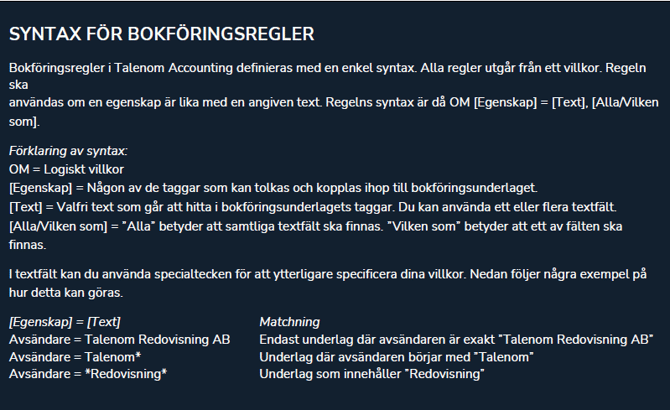 SV-SE-Partner-Löpande bokföring-Skapa en regel-syntax för regel