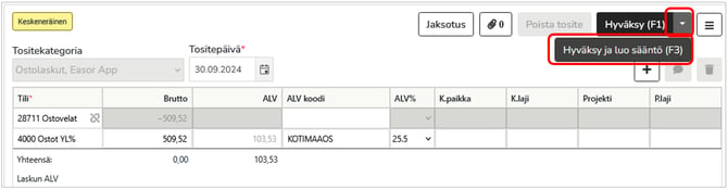 Easor Accounting tiliöintinäkymä ja Hyväksy ja luo sääntö -nappi