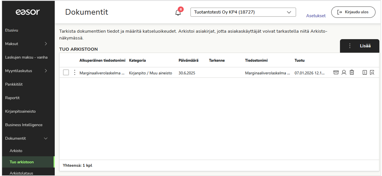 Dokumentit - Tuo arkistoon näkymä marginaaliverolaskelmalla