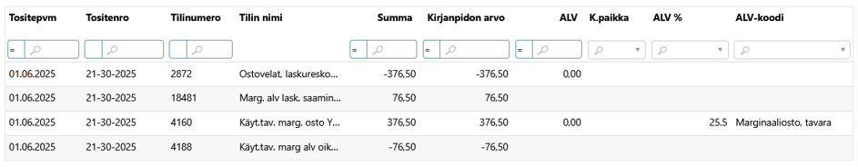 Hyväksytyn tositteen rivit - ALV-oikaisukirjaus marginaalivero-ostosta