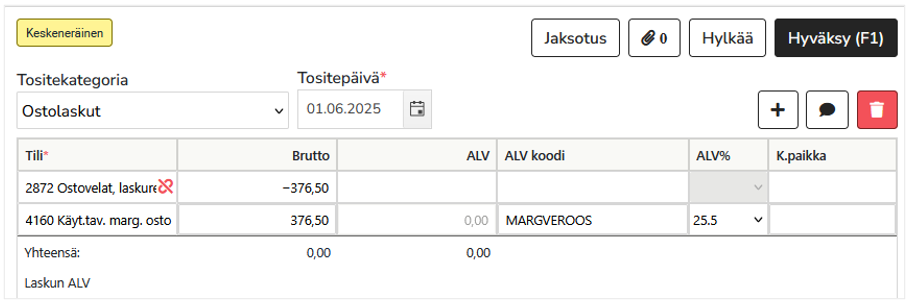 Ostolaskun tiliöinti marginaalivero-ostosta