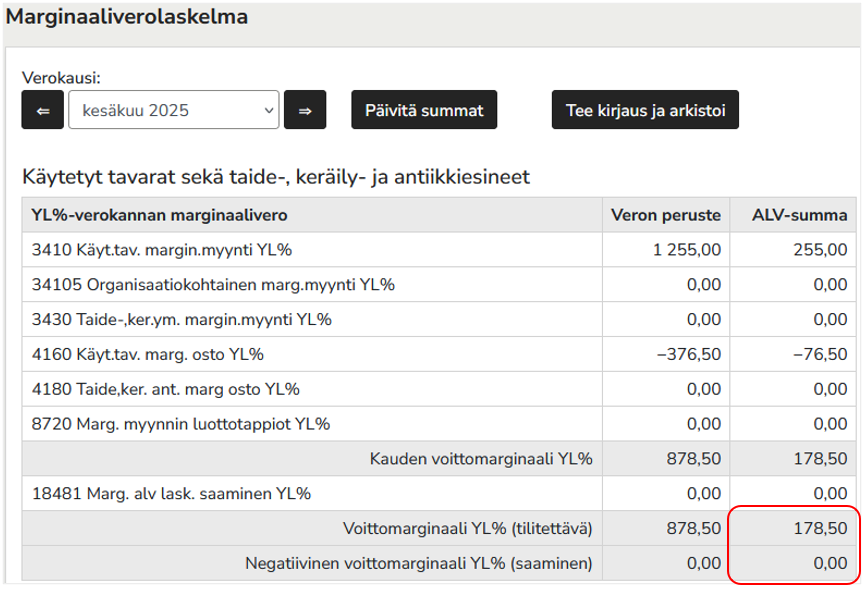 Marginaaliverolaskelma - tilitettävä vero korostettuna