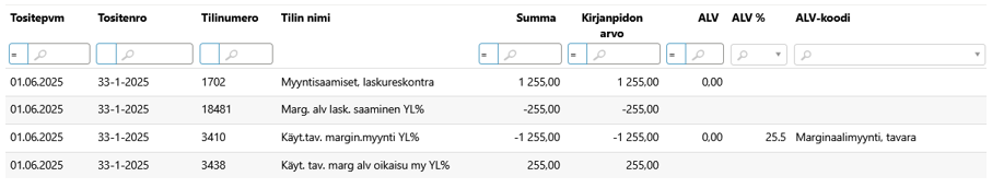 Hyväksytyn tositteen rivit - ALV-oikaisukirjaus marginaaliveromyynnistä