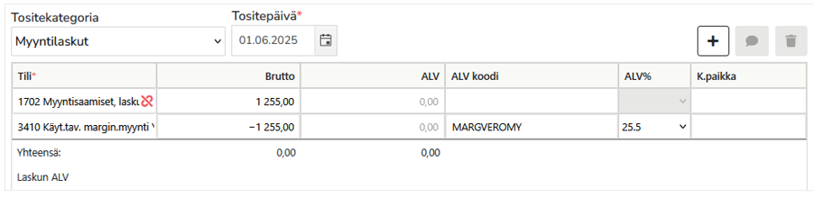 Myyntilaskun tiliöinti marginaaliveromyynnistä