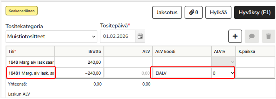 Muistiotositteen tiliöinti marginaaliverosaamisen siirrosta