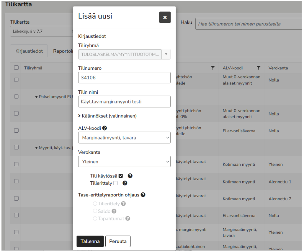 Tilikartta - Lisää uusi marginaaliveroetili dialogi